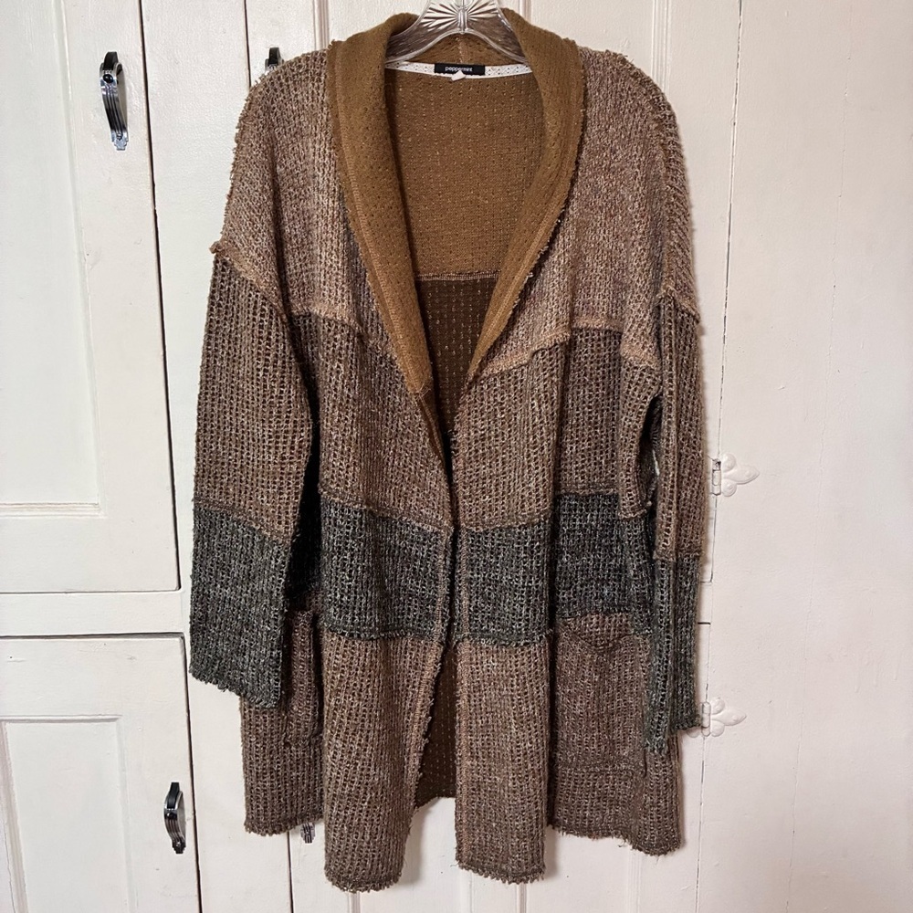 Peppermint Women's Colorblock Oversized Cardigan Sweater Brown/ Gray Size Large